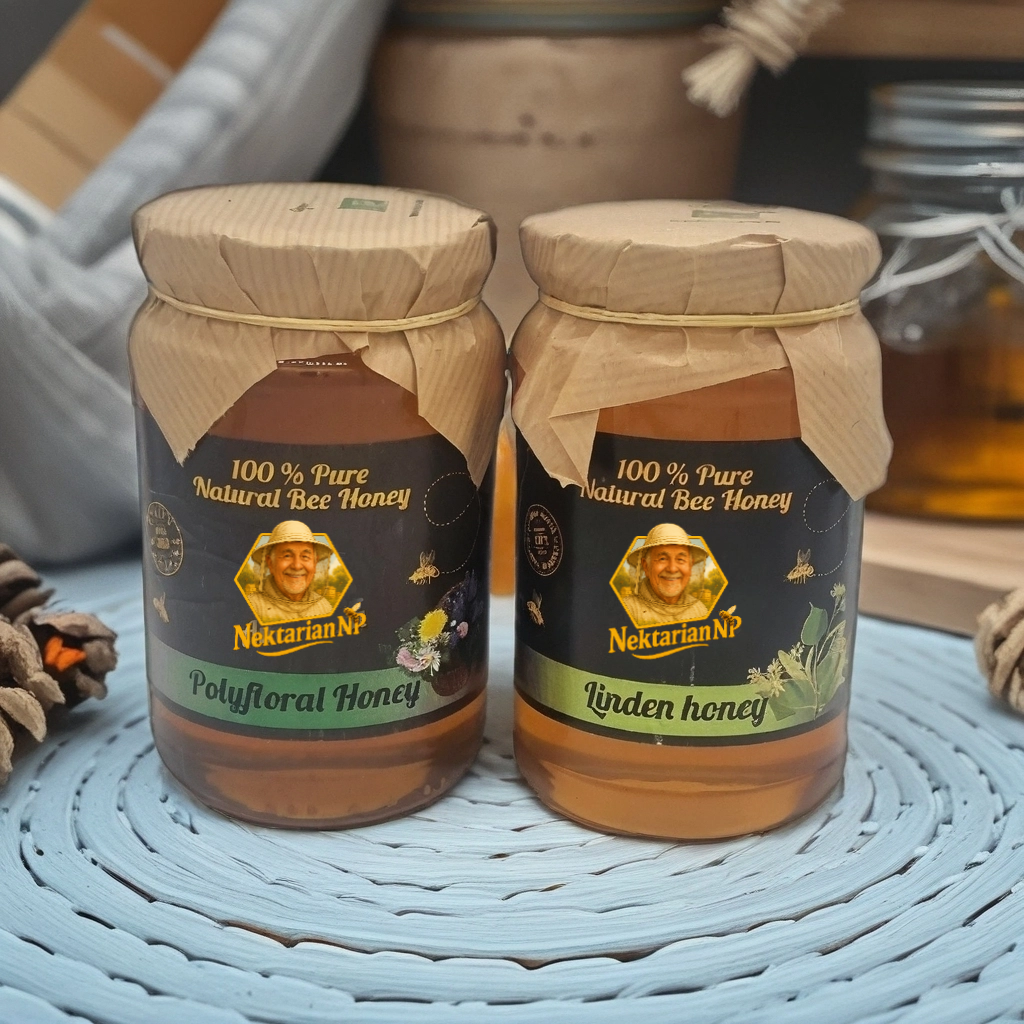 100% ORGANIC HONEY 1kg. MIxed (1 jar Linden honey+1jar polyfloral honey)
