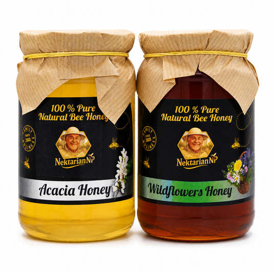 RAW ORGANIC HONEY 1kg. MIxed (1 jar Acacia honey+1jar polyfloral honey)